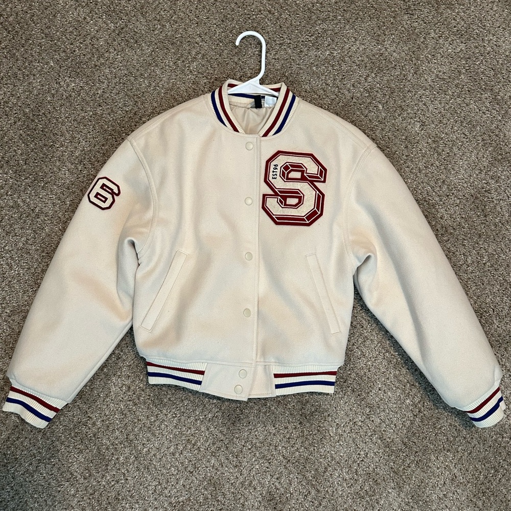 Varsity Jacket with Embroidered S and 6 - Cream